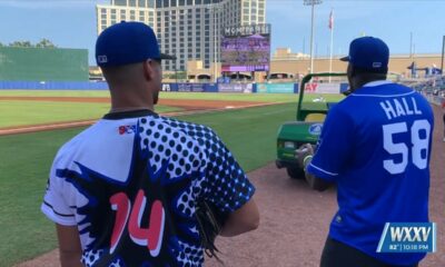 Seahawks rookie Derick Hall throws out Biloxi Shuckers first pitch