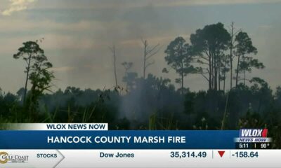 Firefighters work to put out a Hancock County marsh fire