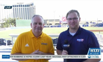 USM Head Basketball Coach Jay Ladner throws out first pitch at Shuckers game