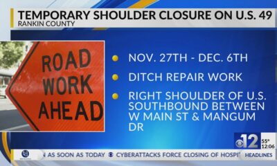 Temporary shoulder closure on U.S. 49 in Rankin County