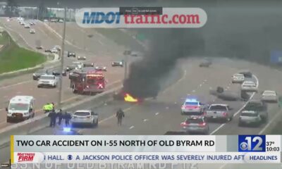 Car catches on fire, another overturns on I-55 in Hinds County
