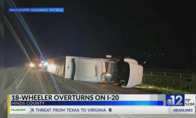 18-wheeler overturns on I-20 in Hinds County