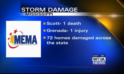 One storm-related death in central Mississippi; one person injured in Grenada County