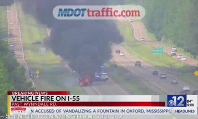 Vehicle fire blocks all lanes of I-55 South in Hinds County