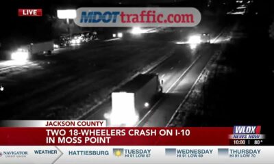 Two 18-wheelers crash on I-10 W in Moss Point, all lanes blocked