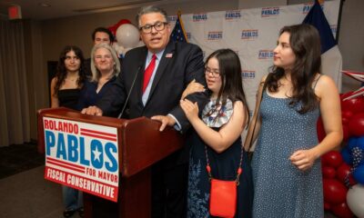 San Antonio mayoral candidate Rolando Pablos concedes to Gina Ortiz Jones at his watch party in The Old Spanish Ballroom at Drury Inn near La Cantera, June 7.