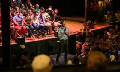 Beto O'Rourke speaks during a town hall at Stable Hall in San Antonio, Texas on June 27, 2025.