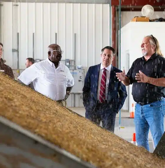 Right to left, Texas A&M Transportation Institute (TTI) research scientist Jett McFalls, gives Texas A&M University System Chancellor Glenn Hegar, TTI agency director Greg Winfree, and deputy agency director Joe Zietsman a tour of the sediment and erosion control laboratory at the Texas A&M RELLIS campus in College Station, Texas, on Tuesday, July 22, 2025. Hegar’s visit to the RELLIS campus was his first since beginning his tenure as chancellor on July 1.